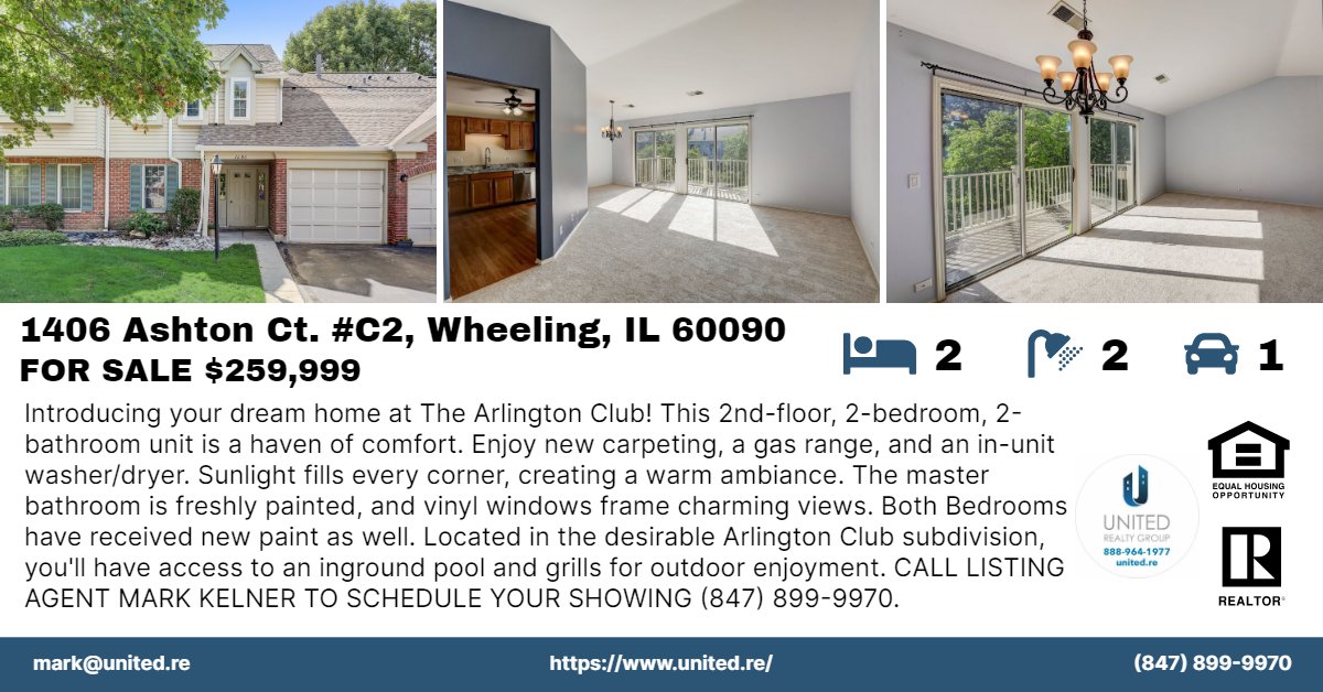Introducing a stunning 2-bed, 2-bath #condo in #TheArlingtonClub – #ForSale in #Wheeling, IL. Brand-new carpeting & fresh paint. Access to outdoor pool & park. Call @agentkelner for a Showing! Click Here to view the Property Page: bit.ly/1406AshtonCtC2