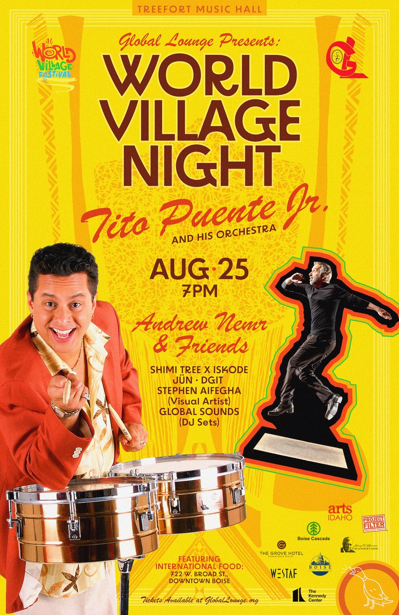 TONIIIGHT 💛 @globalloungepresents and <a href="/duckclubboise/">Duck Club</a> present World Village Night at Treefort Music Hall, featuring <a href="/titopuentejr/">Tito Puente, Jr.</a> plus many more! This will be an evening to remember. Doors open at 7pm, get your tickets at theduckclub.com