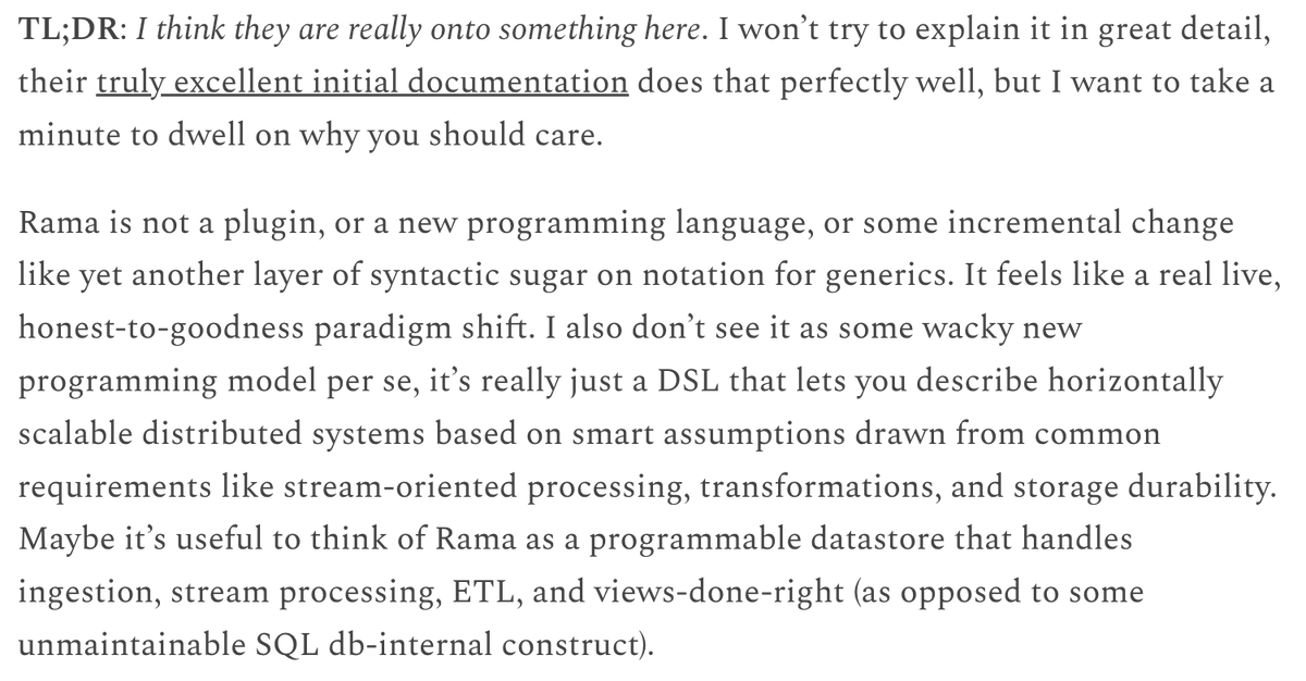 nathanmarz's tweet photo. Thoughtful article by @srehorn about Rama and its significance for the future of programming https://t.co/EiqV9MgCzS https://t.co/sv8FbYdGcO