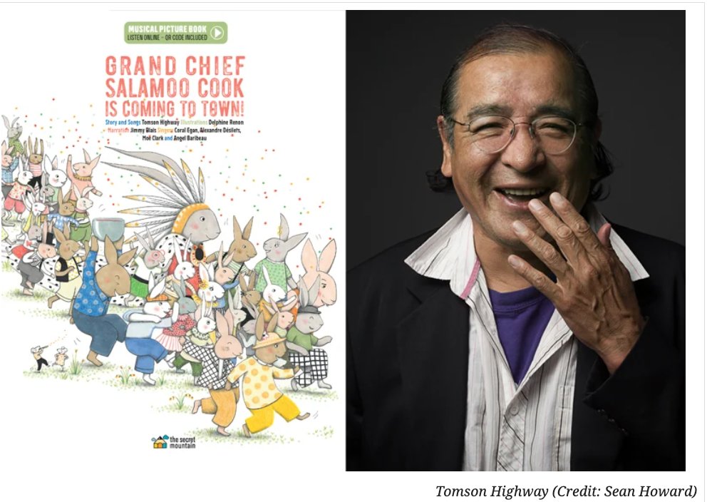 "Grand Chief Salamoo Cook is Coming to Town! is a raucous picture book by author and playwright Tomson Highway. Highway weaves songs – written in Cree, with translations into English – throughout the story." bit.ly/3ss7Gly