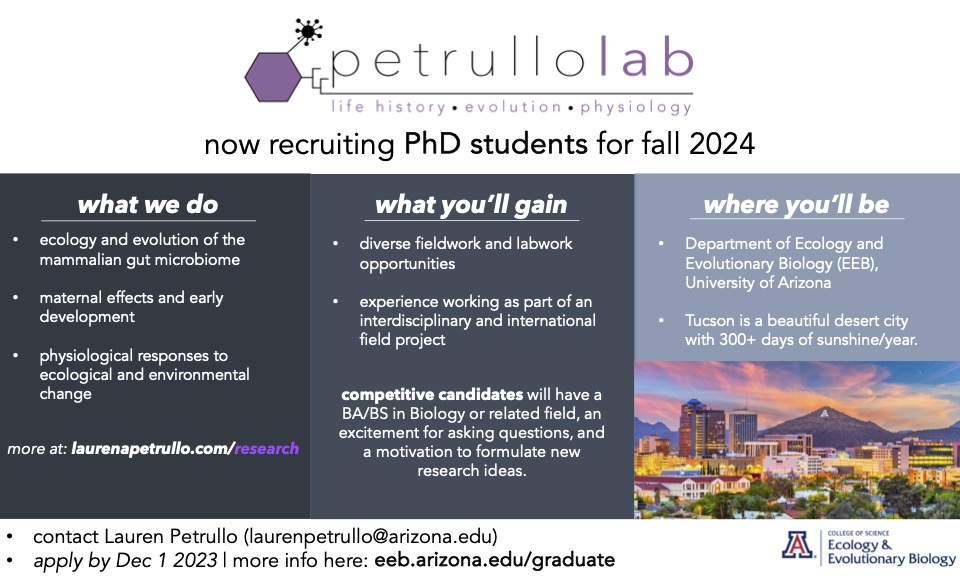 I am now recruiting! My lab is looking for PhD students to join us in beautiful Tucson, Arizona. If you’re interested in mammalian ecology and evolution, the microbiome, hormones, and/or maternal effects, please contact me (more info below👇). Apps due Dec 1. Please RT & share!