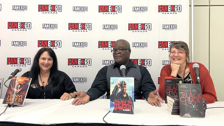 HWAOntario's tweet image. Enjoy this photo from Thursday night's #HWAOntario kickoff readings: BLEEPING BLOODY #HORROR, with @Sephera Giron, @iamrodneyvsmith, and @Writer_ReganMcD. Thanks to Crystal Bourque @everythingstemp for the image! #FANEXPOCANADA2023 @FANEXPOCANADA