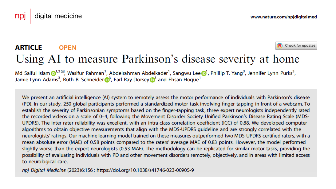 npjDigitalMed's tweet photo. Finger tapping on webcam can be used to build an #AI model for an automated motor function measure that is aligned to recognized #Parkinsons outcomes.
The accuracy of which is close clinicians & possibly better than non-specialists.
#RemoteAssessment
https://t.co/ZQckvl4iak https://t.co/vsrsZ2jCpF
