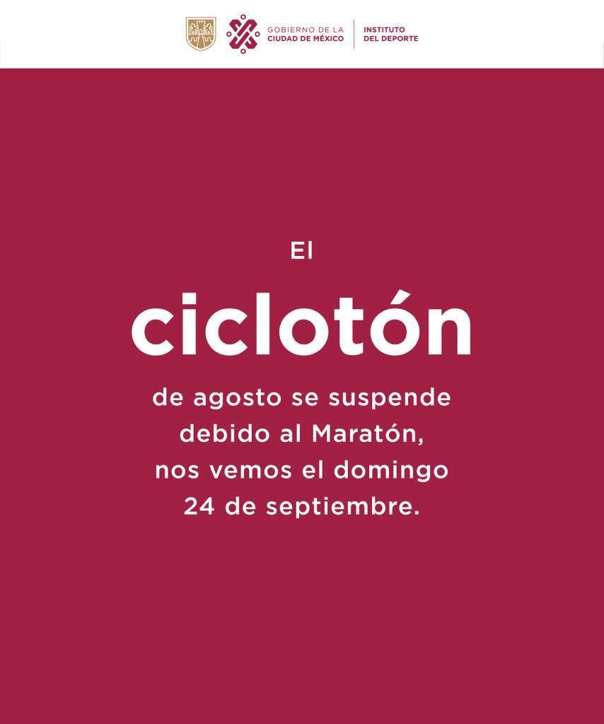 DeporteCDMX's tweet photo. ⚠️ ATENTO AVISO ⚠️

Debido al Maratón de la Ciudad de México @Telcel, el domingo no habrá Ciclotón. https://t.co/koQqAqsHpl