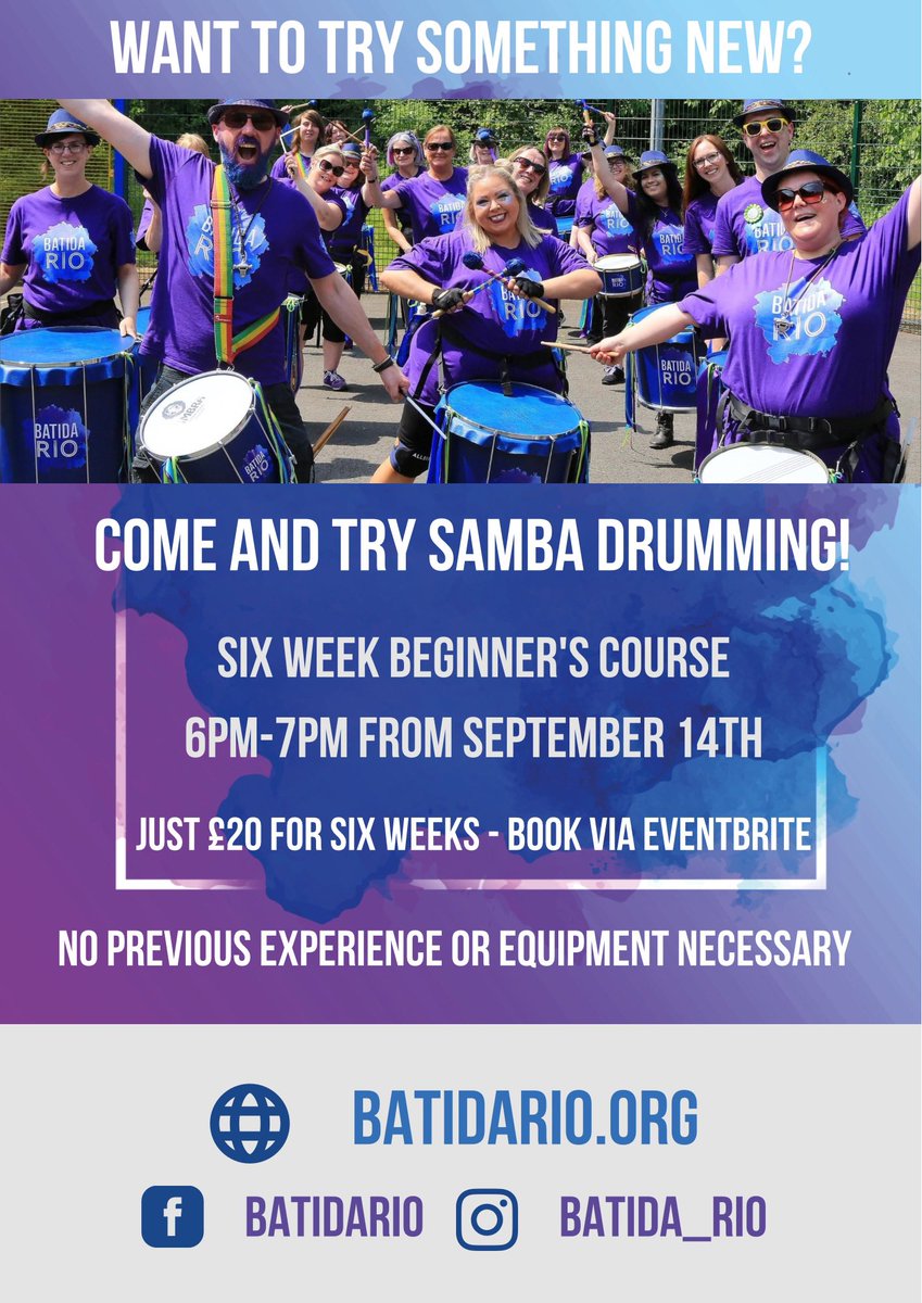 Batida_Rio's tweet photo. Tickets are flying out for NEW Beginners Course! 

Take the jump into learning a new fun and exciting hobby - join Batida Rio on this 6 week introduction course to samba drumming!

See the link below for more information and course tickets 🎟️ 🥁 

https://t.co/RR5b4MtWbw https://t.co/GzpDbB62rZ