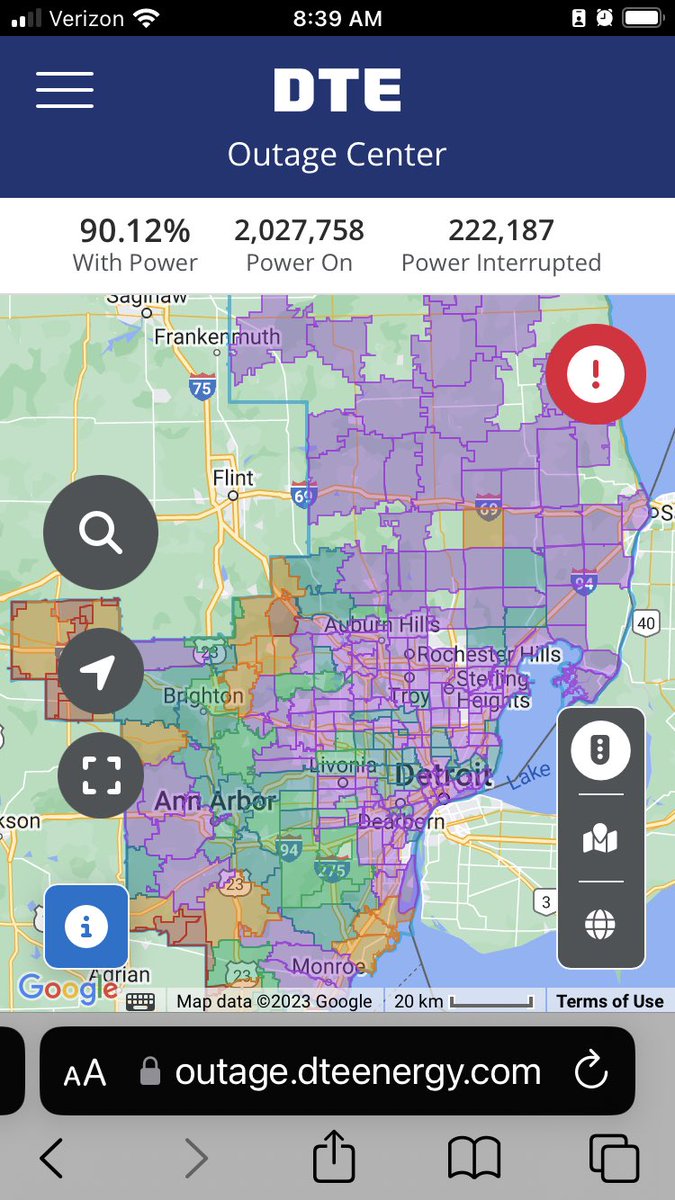 UPDATE: DTE outages have risen since this morning. Now more than 11% of customers — or 254,292 households and organizations — are without power. That’s about 30K more outages since 8:30 am.