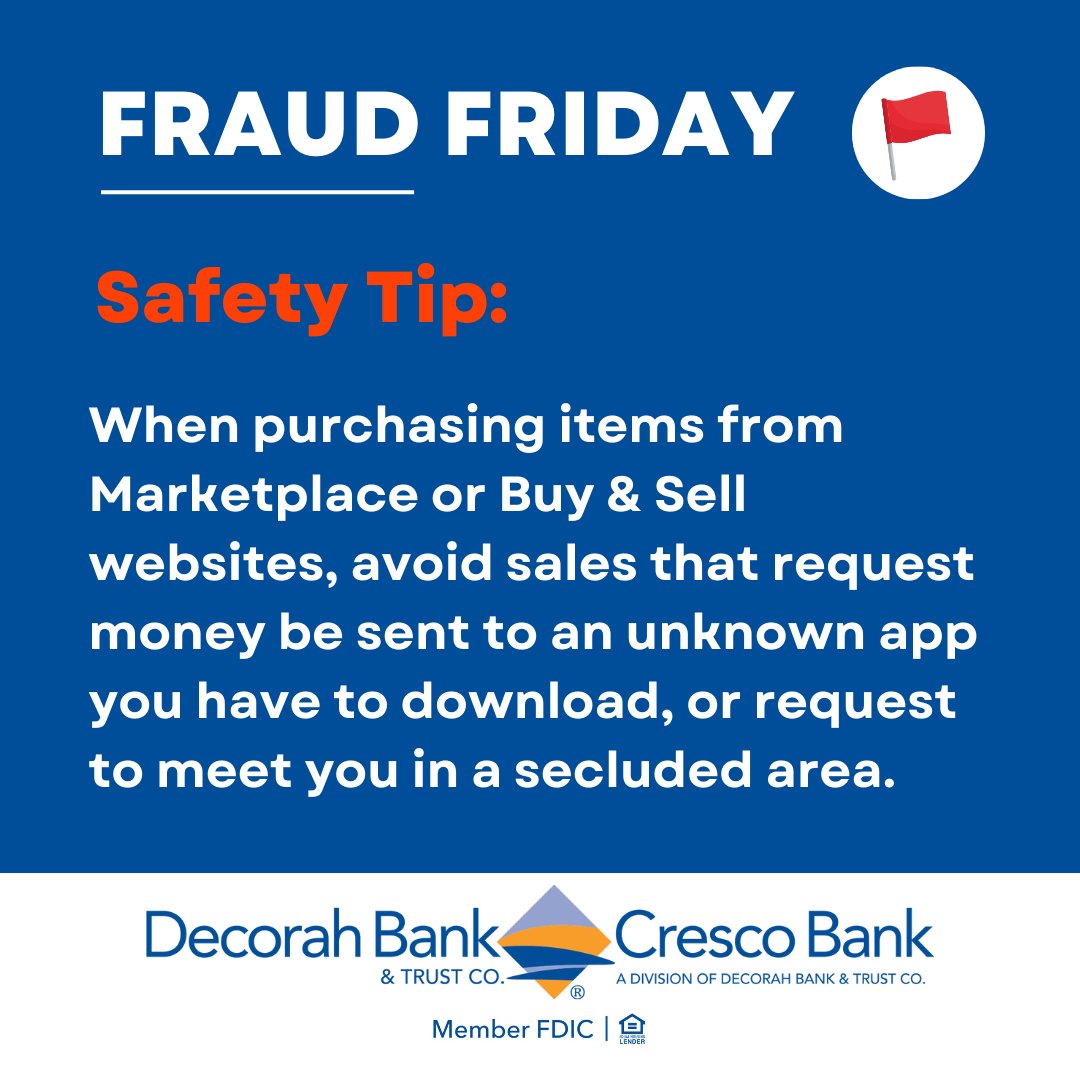 DecorahBank's tweet image. Don’t let fraudsters steal your hard-earned money! Use this safety tip to stay safe and secure. #FraudFriday