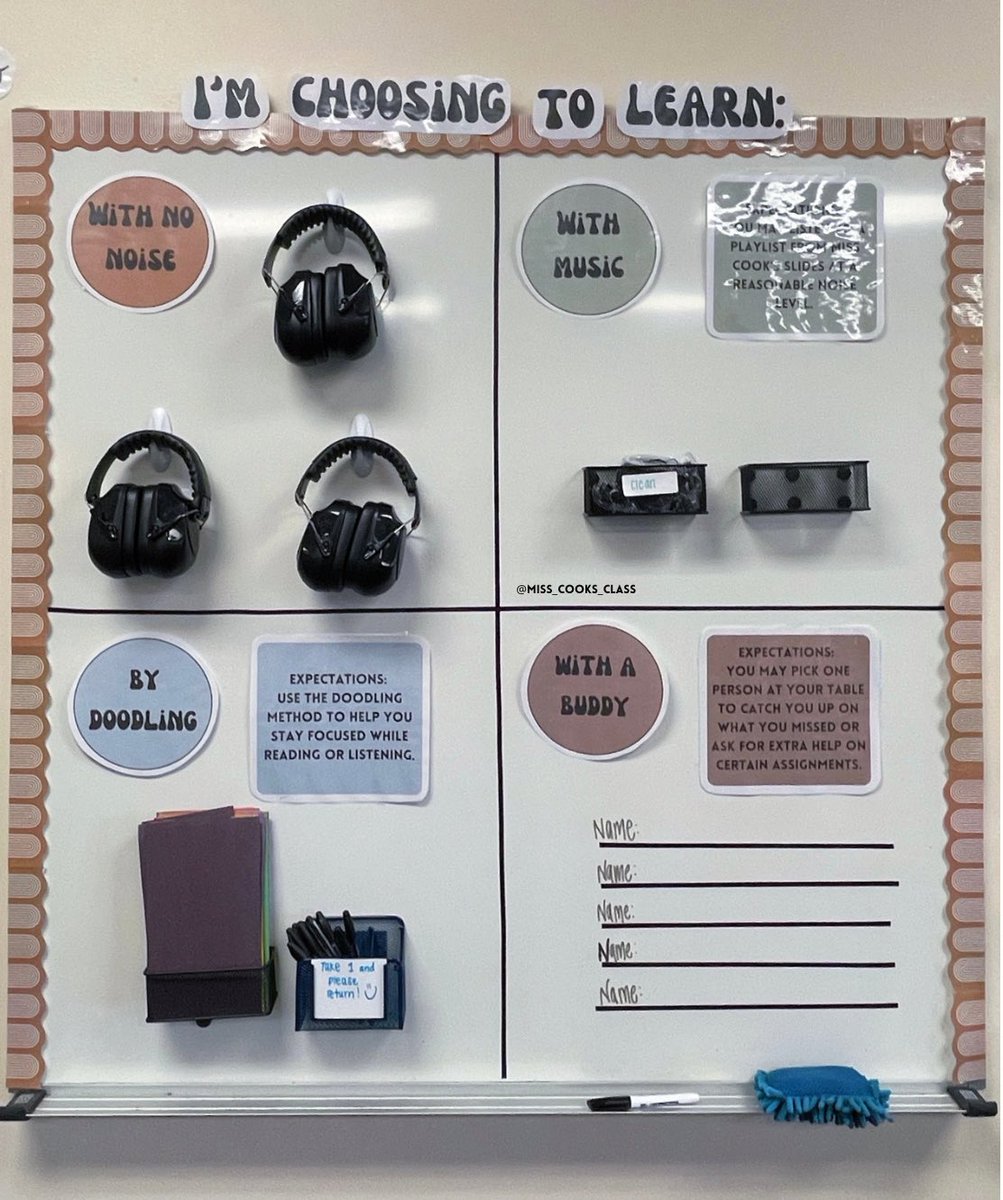misscooks_class's tweet photo. I made a learning choice board! Students can have choice in their learning by using noise-cancelling headphones, earbuds for music, paper/pens for doodling, and working with a buddy! #teacher #utahed #rigorrelevance #choiceandvoice #whyiquest #begreat https://t.co/AUr1TKKePH