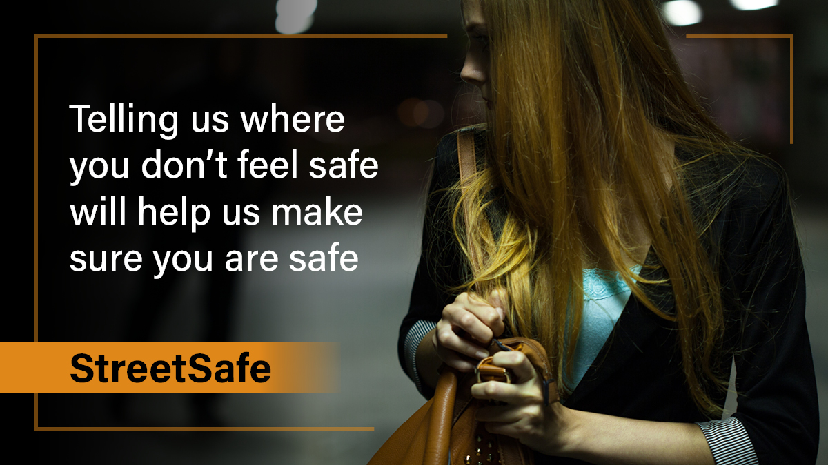 Have you felt unsafe? 
Changed your route? 
Pretended to be on a call?
Held your car keys tightly in your hand? 
Tell us the area using #StreetSafe
Now available as an app via Google Play Store: ow.ly/yLQS50PBRg0 
And Apple Apps Store: ow.ly/bCfT50PBRg1
