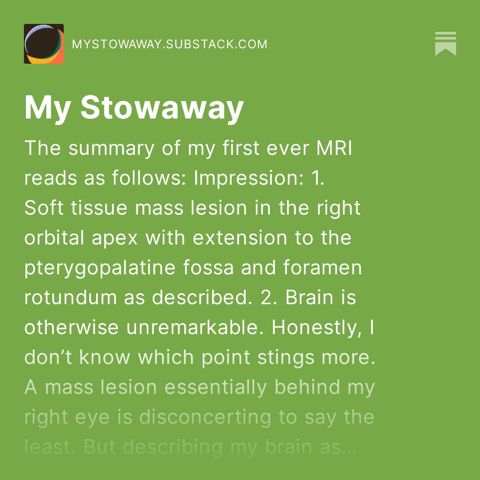 Hey Tweeters!  I have a health update for you.  Follow along and subscribe, why don't ya?

My Stowaway open.substack.com/pub/mystowaway…