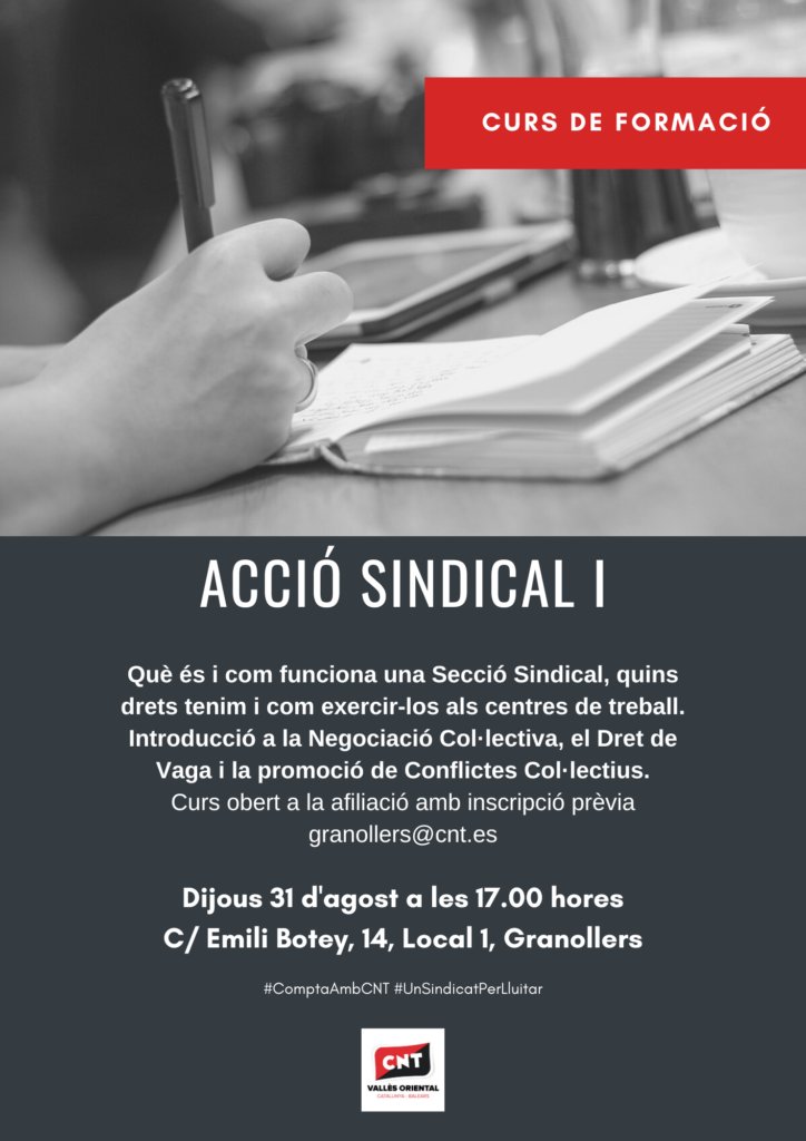 NOVA FORMACIÓ SOBRE ACCIÓ SINDICAL

El 31 d’agost reprenem el nou curs amb una sessió formativa sobre el nostre model sindical. Si t’interessa assistir-hi, no dubtis a contactar amb el sindicat per inscriure’t!

granollers.cnt.es/2023/08/04/nov…

#ComptaAmbCNT