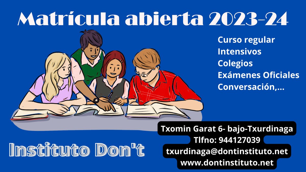 dontinstituto's tweet photo. ¿Quieres aprender inglés en Txurdinaga?
INSTITUTO DONT
Todos los niveles, plazas limitadas.
Los idiomas, llave del futuro.
944127039
txurdinaga@dontinstituto.net
Ven y conócenos.
https://t.co/FTbmoY3uVh #ingles #academiadeidiomas #txurdinaga #aprenderingles https://t.co/k3q8VLGVyM