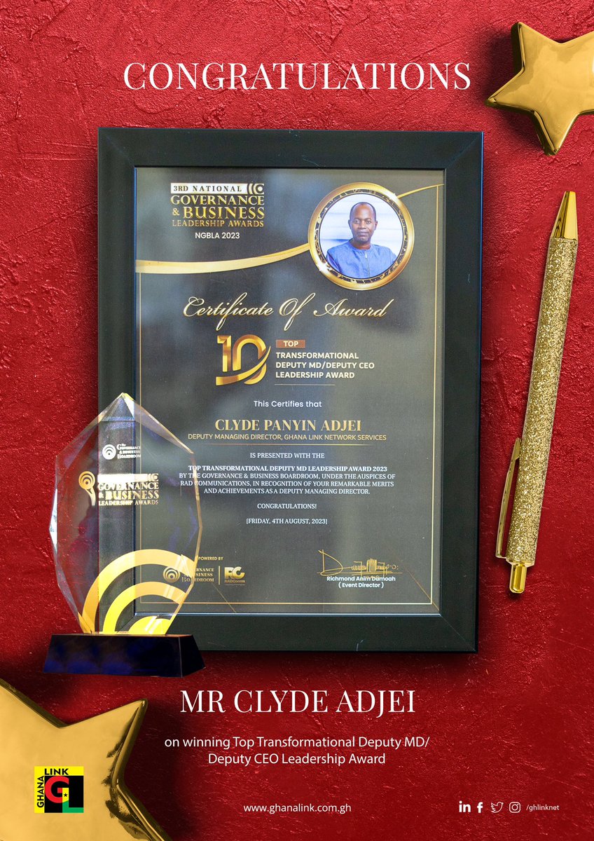 ghlinknet's tweet photo. DMD Clyde Adjei wins “Top Transformational Deputy MD/Deputy CEO Leadership Award” at the 2023 National Governance &amp; Business Leadership Awards 🥇
.
CONGRATULATIONS 👏🏾 🎉 https://t.co/Tj6T6rYI1r