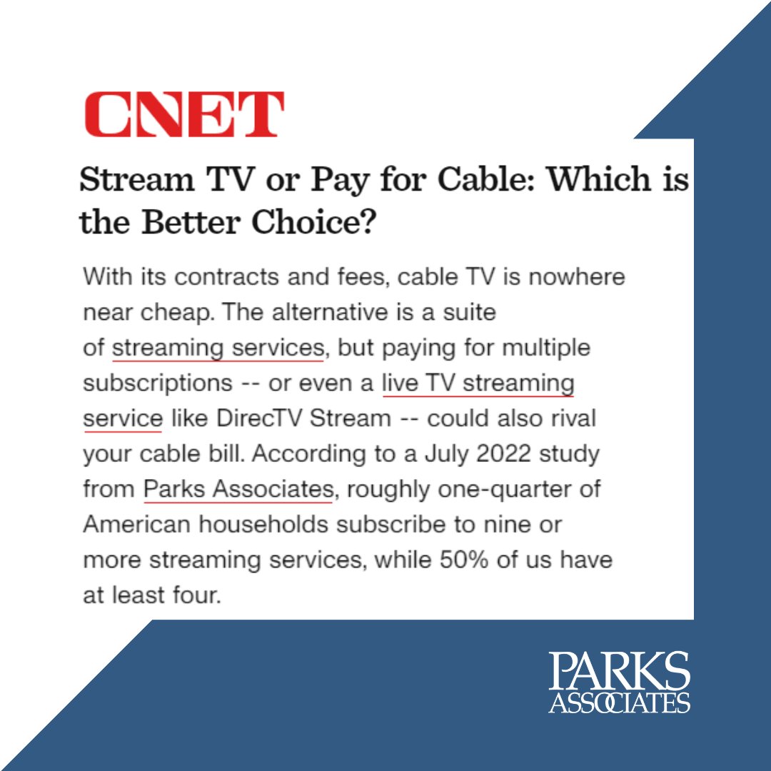 ParksAssociates's tweet photo. 📢 We were cited in an article by Kourtnee Jackson and @typendlebury on @CNET! 📡📺
🔗Read more: https://t.co/Np1M6ItP6Q
#parksdata #streaming #ParksAssociates #TVStreaming #CableVsStreaming #EntertainmentInsights #MediaChoices #TechDebate #StayInformed https://t.co/mSf9p3PCgO