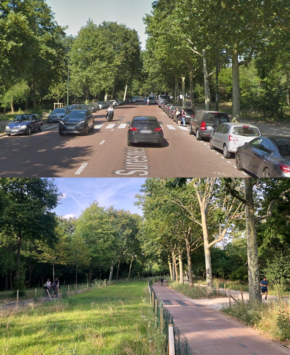 Avant / Après la modification de la Route de Suresnes dans le Bois de Boulogne en bordure de Paris