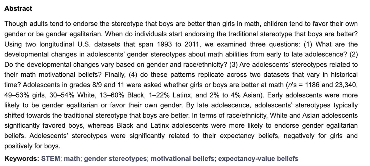 Nayssan Safavian (@drnsafavian) on Twitter photo 🚨 New publication by @ChristineRStarr @GaoYannan8392 <a href="/charlottrubach/">Charlott Rubach @charlottrubach@bsky.social</a> Enjoyed working together😊
“Who’s Better at Math, Boys or Girls?”: Changes in Adolescents’ Math Gender Stereotypes and Their Motivational Beliefs from Early to Late Adolescence
mdpi.com/2227-7102/13/9… 🚨 New publication by @ChristineRStarr @GaoYannan8392 <a href="/charlottrubach/">Charlott Rubach @charlottrubach@bsky.social</a> Enjoyed working together😊
“Who’s Better at Math, Boys or Girls?”: Changes in Adolescents’ Math Gender Stereotypes and Their Motivational Beliefs from Early to Late Adolescence
mdpi.com/2227-7102/13/9…
