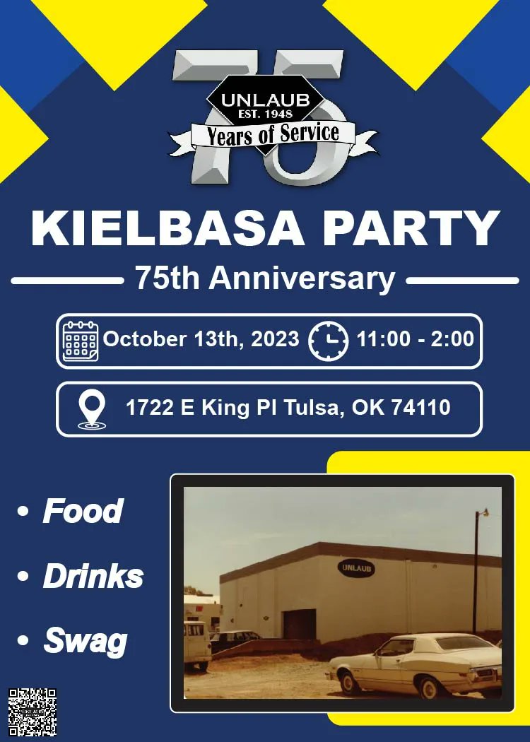 Join us as we honor three-quarters of a century of exceptional service! We are looking forward to celebrating with you and making this an event to remember! #Unlaub #kielbasa #swag #Tulsa #fridaythe13th