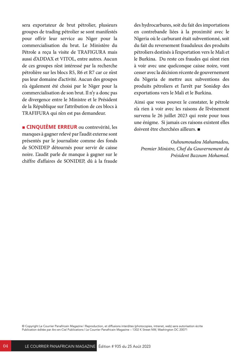 🚨🇳🇪| Droit de réponse du premier ministre du #Niger, <a href="/Ouhoumoudou_PM/">Ouhmoudou Mahamadou</a> adressé à <a href="/jeune_afrique/">Jeune Afrique</a> sur une série de contre-vérités au sujet de la tentative de putsch visant à renverser le président <a href="/mohamedbazoum/">Mohamed Bazoum</a>.
