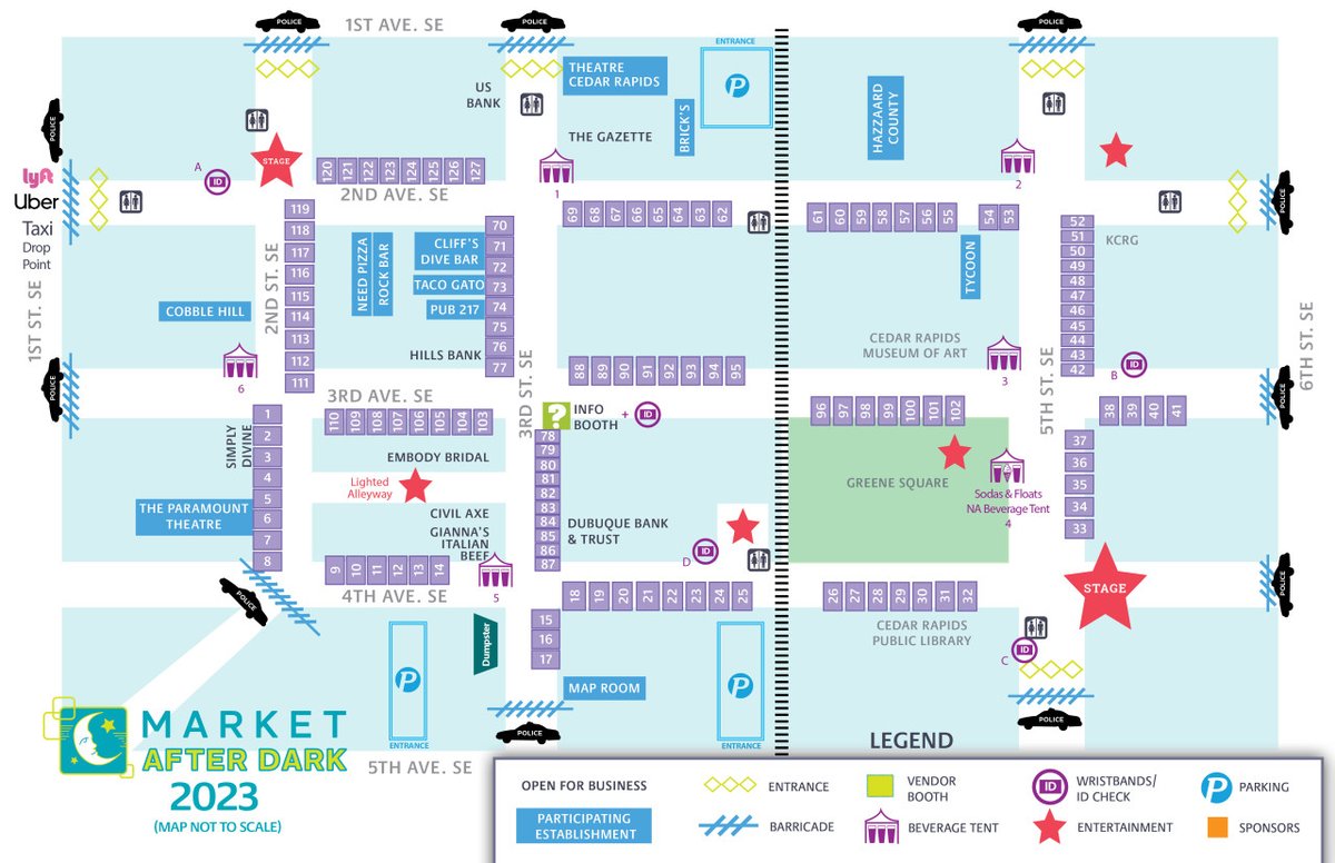 Market After Dark returns downtown on Saturday. Please do not leave vehicles within the expanded market parameters overnight. Park Cedar Rapids will be ticketing and towing vehicles at 11 a.m. so the area is cleared by the time roads are closed for setup at noon.