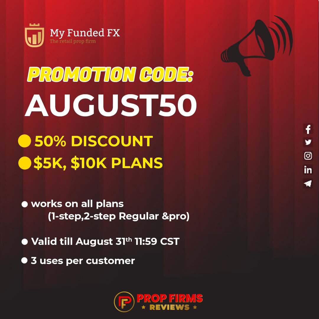 🎉 Unmissable Promo Alert: AUGUST50 🎁 

🕒 Valid till August 31st, 11:59 CST
⚫ 3 Uses Per Customer 

Discover more: propfirmsreviews.com 

#MyFundedFX #TradingPromo #50PercentOff #SeizeTheDeal #TradingSuccess #PropFirmsReviews