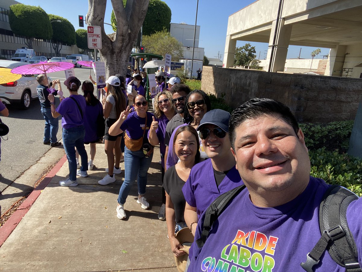 SuzanneJimenez's tweet photo. LA Labor Solidarity day at the Garfield Medical Center strike line this morning. @seiu_uhw staff standing with @SEIU121RN members who are striking for safer staffing. #HotUnionSummer @LALabor https://t.co/Igyvt4dT5v