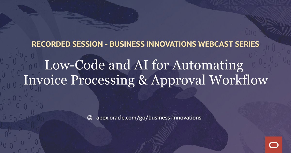 OracleAPEX's tweet photo. 🌟 Recording available! 

Learn with Trailcon Leasing how they used #orclAPEX and #AI to modernize and implement several automated business processes, including an Invoice Processing module leveraging OCI's Document Understanding and MS365 Integration

🎥 https://t.co/fdTadSf0Rc https://t.co/R6xSQvgU4J