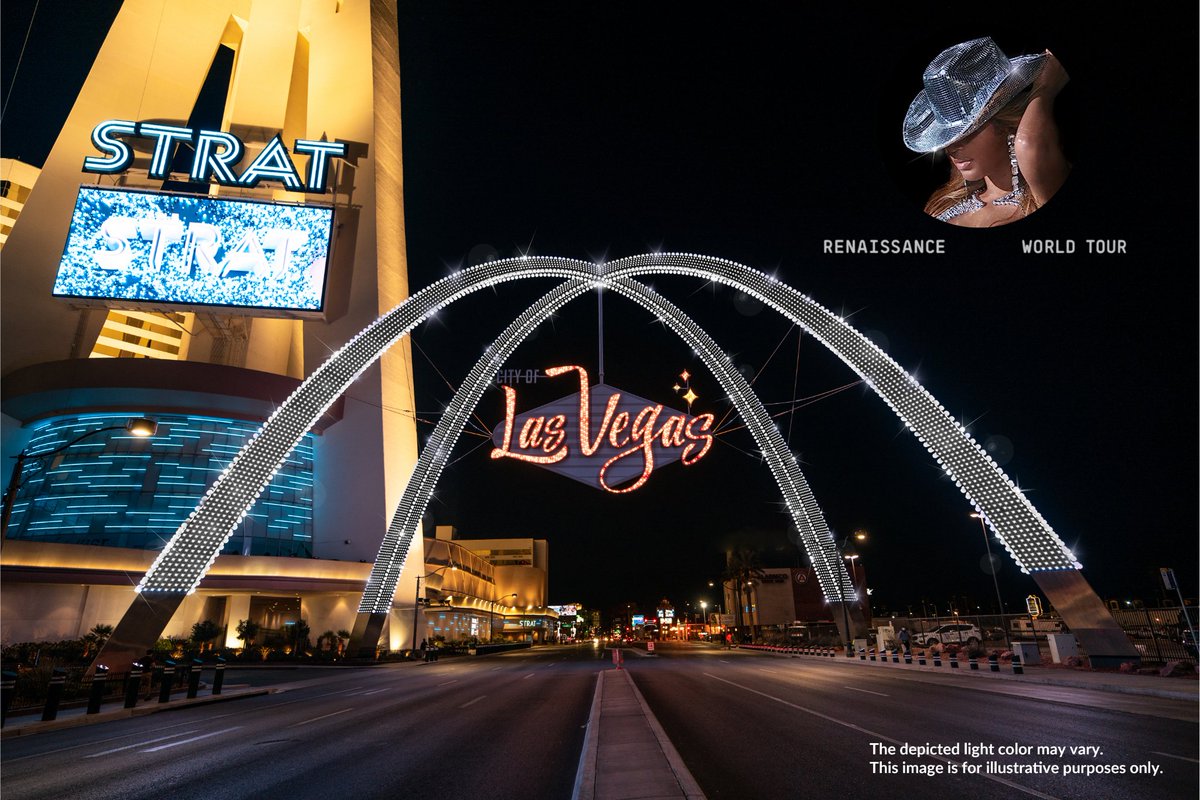 CityOfLasVegas's tweet photo. To grant #QueenBey's birthday wish, we're lighting the arches in fabulous silver to shimmer like a disco ball on Friday and Saturday! 🪩

#BeyHive, are you ready to bring "Energy?!" 👀 
 
Welcome to fabulous Las Vegas, @Beyonce! 🩶

#RenaissanceWorldTour #RenaissanceTour #Beyonce https://t.co/iqiPj8DNn5