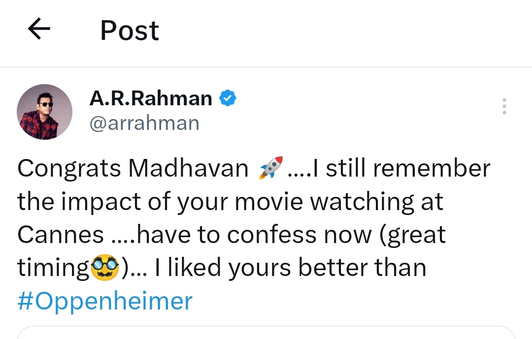Music Director #ARRahman confesses he liked #Madhavan's national award winning film #RocketryTheNambiEffect than #OppenHeimer.