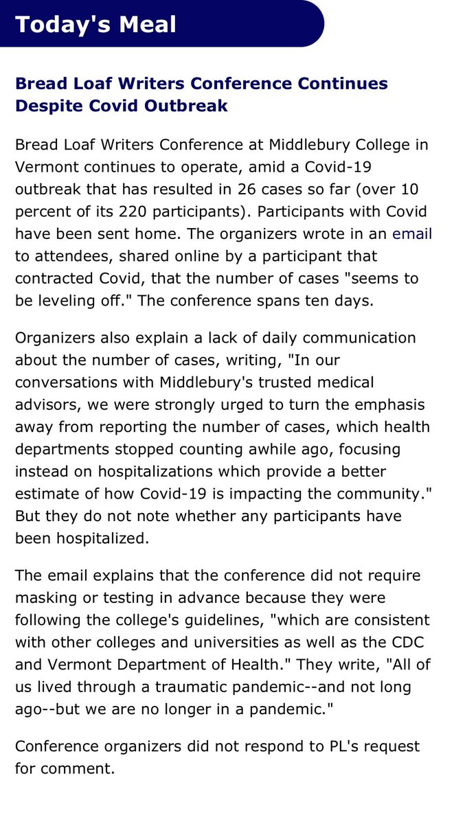reluctantlyjoe's tweet image. As a virologist and a writer, looking back at the past three years, I am AGHAST that #breadloaf's COVID policy was to FORCE COVID POSITIVE PEOPLE TO TRAVEL.

If your conference's policy is to SEND PEOPLE WITH COVID HOME, you should just not have a conference.