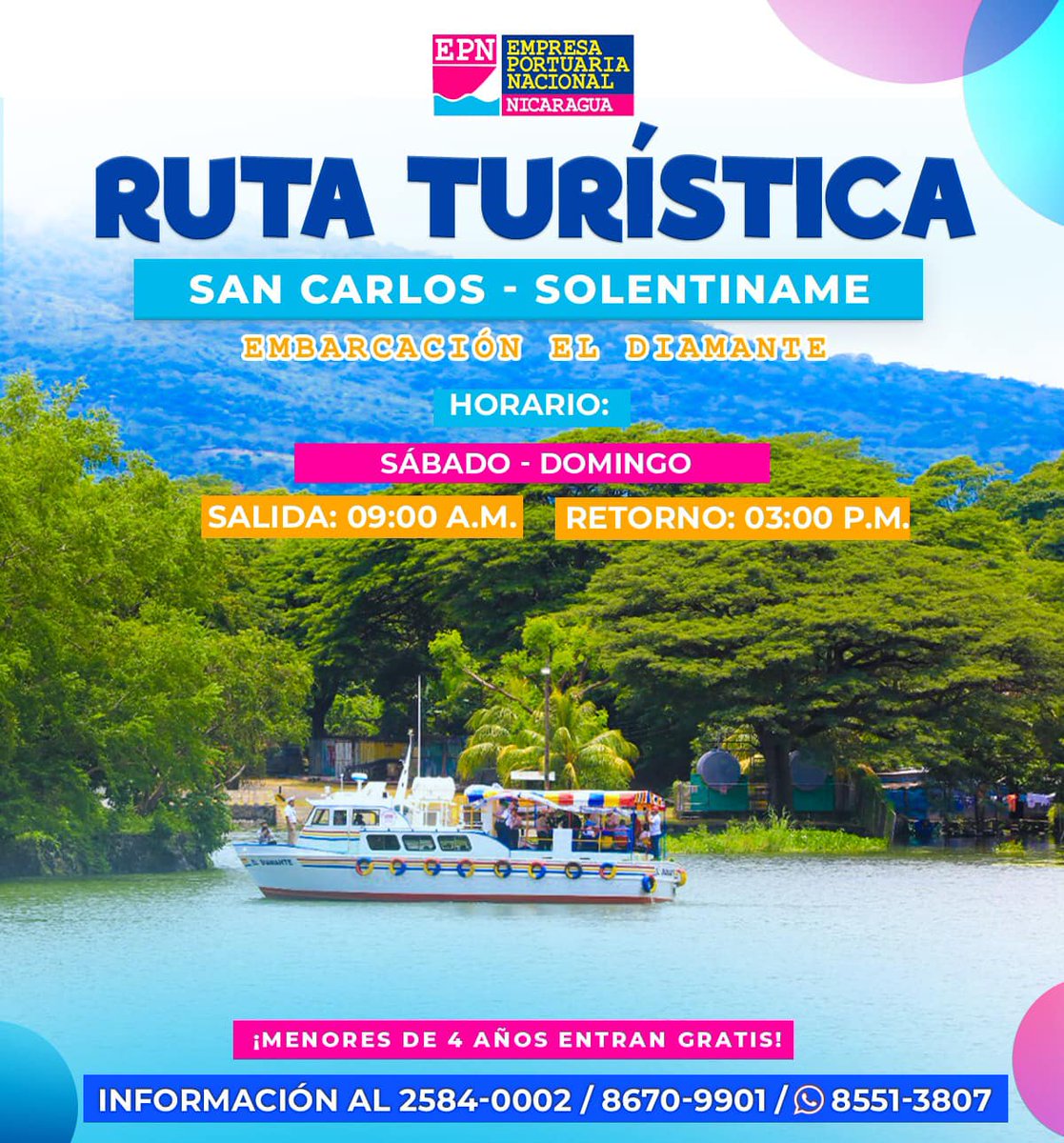 Empresa Portuaria Nacional - EPN te informa que a partir del día sábado 26 de agosto del presente, se estará reanudando la ruta turística San Carlos - Solentiname. Compartimos número de contacto para mayor información. #EPN #PuertosSeguros #PuertosDeNicaragua