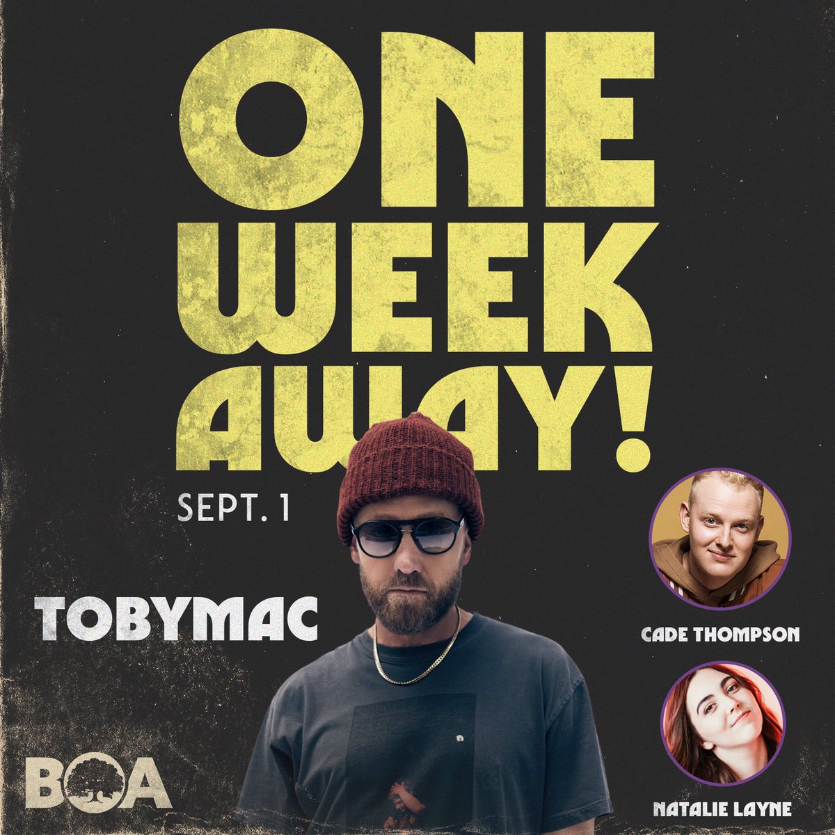 ONE WEEK until <a href="/tobymac/">TobyMac</a> graces the stage at #BlackOakAmp with special guests <a href="/Cade_Thompson_/">Cade Thompson</a> and Natalie Layne! 🥰 Get your tickets at etix.com/ticket/p/51361…