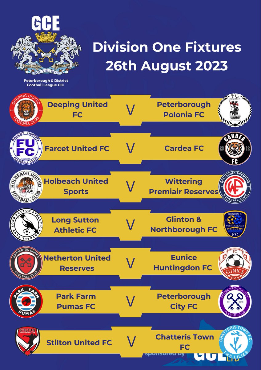 Peterborough & District Football League (@pdfluk) on Twitter photo ⚽Division One Fixtures <a href="/GCEHireFleet/">GCE Hire Fleet Ltd</a>⚽
Here are tomorrow afternoons Division One Fixtures!
Goodluck to <a href="/deepingunited18/">Deeping United FC</a> <a href="/PoloniaFC_/">Peterborough Polonia FC</a> <a href="/FarcetU/">Farcet United FC</a> @CardeaFC @HUFC_Sports <a href="/WitteringFc/">Wittering FC</a> <a href="/Lsafc84/">Long Sutton Athletic FC</a> <a href="/GandNFC/">Glinton & Northborough FC</a> <a href="/NethertonUtdFC/">Netherton United FC</a> <a href="/ParkFarmPumas/">Park Farm Pumas F.C.</a> <a href="/Pboro_City_FC/">Peterborough City FC</a> <a href="/StiltonUnitedFC/">Stilton United FC</a> <a href="/ChatterisTownFC/">Chatteris Town FC</a> 🍀 ⚽Division One Fixtures <a href="/GCEHireFleet/">GCE Hire Fleet Ltd</a>⚽
Here are tomorrow afternoons Division One Fixtures!
Goodluck to <a href="/deepingunited18/">Deeping United FC</a> <a href="/PoloniaFC_/">Peterborough Polonia FC</a> <a href="/FarcetU/">Farcet United FC</a> @CardeaFC @HUFC_Sports <a href="/WitteringFc/">Wittering FC</a> <a href="/Lsafc84/">Long Sutton Athletic FC</a> <a href="/GandNFC/">Glinton & Northborough FC</a> <a href="/NethertonUtdFC/">Netherton United FC</a> <a href="/ParkFarmPumas/">Park Farm Pumas F.C.</a> <a href="/Pboro_City_FC/">Peterborough City FC</a> <a href="/StiltonUnitedFC/">Stilton United FC</a> <a href="/ChatterisTownFC/">Chatteris Town FC</a> 🍀