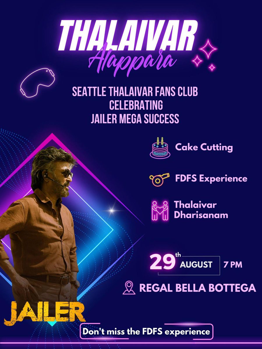 PrimeMediaUS's tweet photo. #Jailer success celebration by #Seattle #Rajinikanth fans in @RegalMovies #Redmond on Aug 29 at 7pm

Be part of it and enjoy the celebration. #JailerUSA https://t.co/y6qIq92Lb8