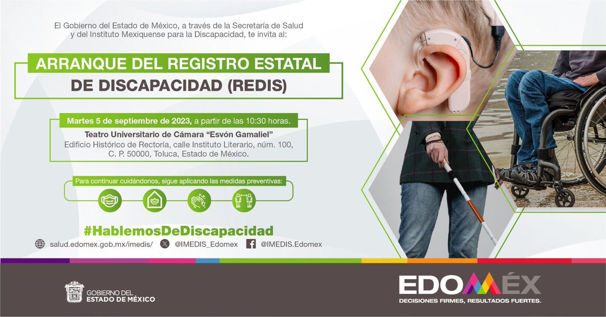 ¡No te pierdas el “Arranque del Registro Estatal de Discapacidad”!
🗓️ 05 de septiembre
⏰ 10:30 horas
📍 Teatro Universitario de Cámara "Esvón Gamaliel", Edifico histórico de Rectoría, calle Instituto Literario, num. 100, Toluca Estado de México.