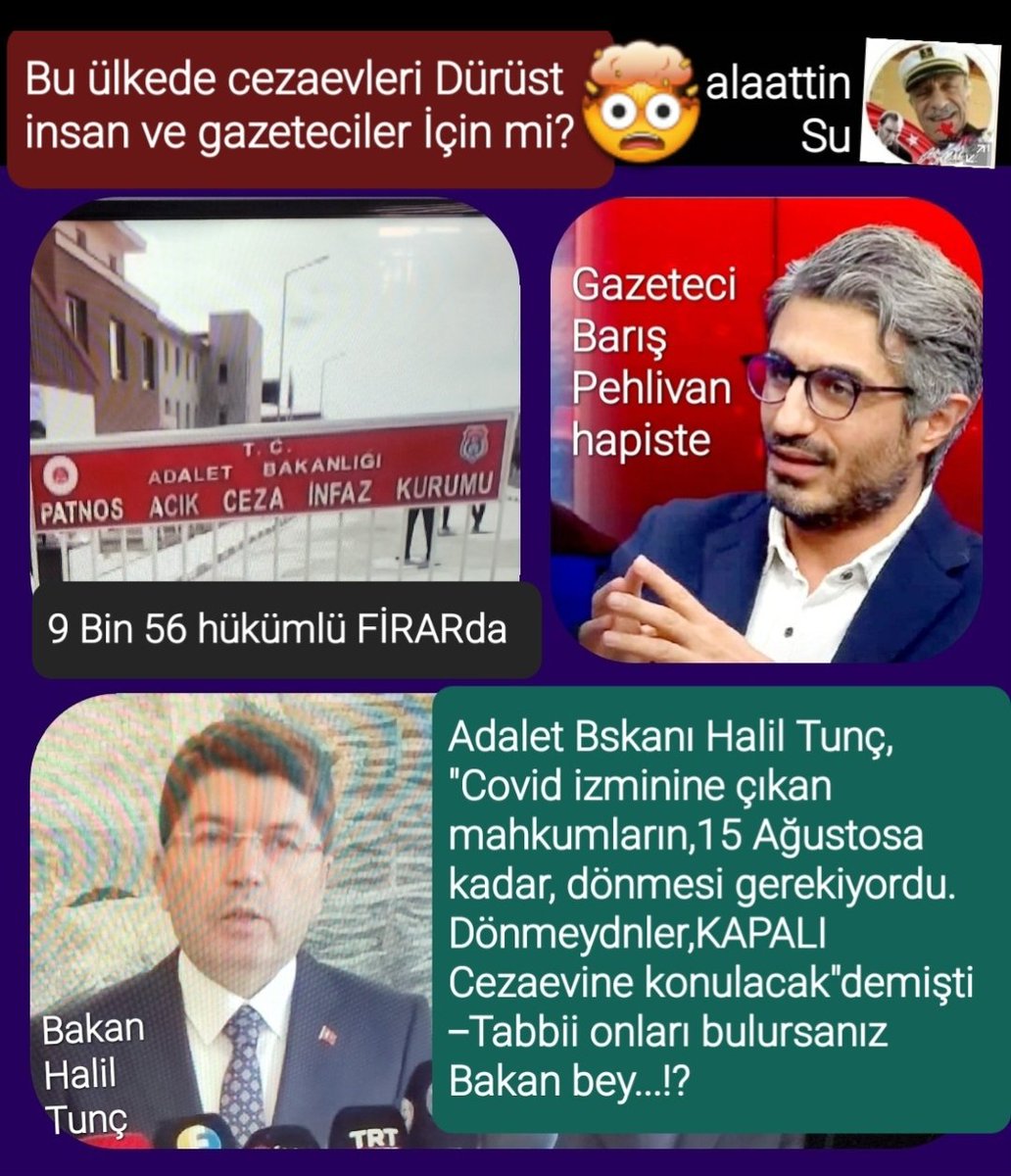 ▪︎Cezaevine dönmeyen 9 Bin 56 Hükümlü Firarda..
▪︎CEZAEVLERİ,DÜRÜST İNSAN VE GAZETECİLER İÇİN Mİ?
▪︎Örneğin,gazeteci <a href="/barispehlivan/">Barış Pehlivan</a>  gibi..!?
👇aSu✍️
m.facebook.com/story.php?stor…