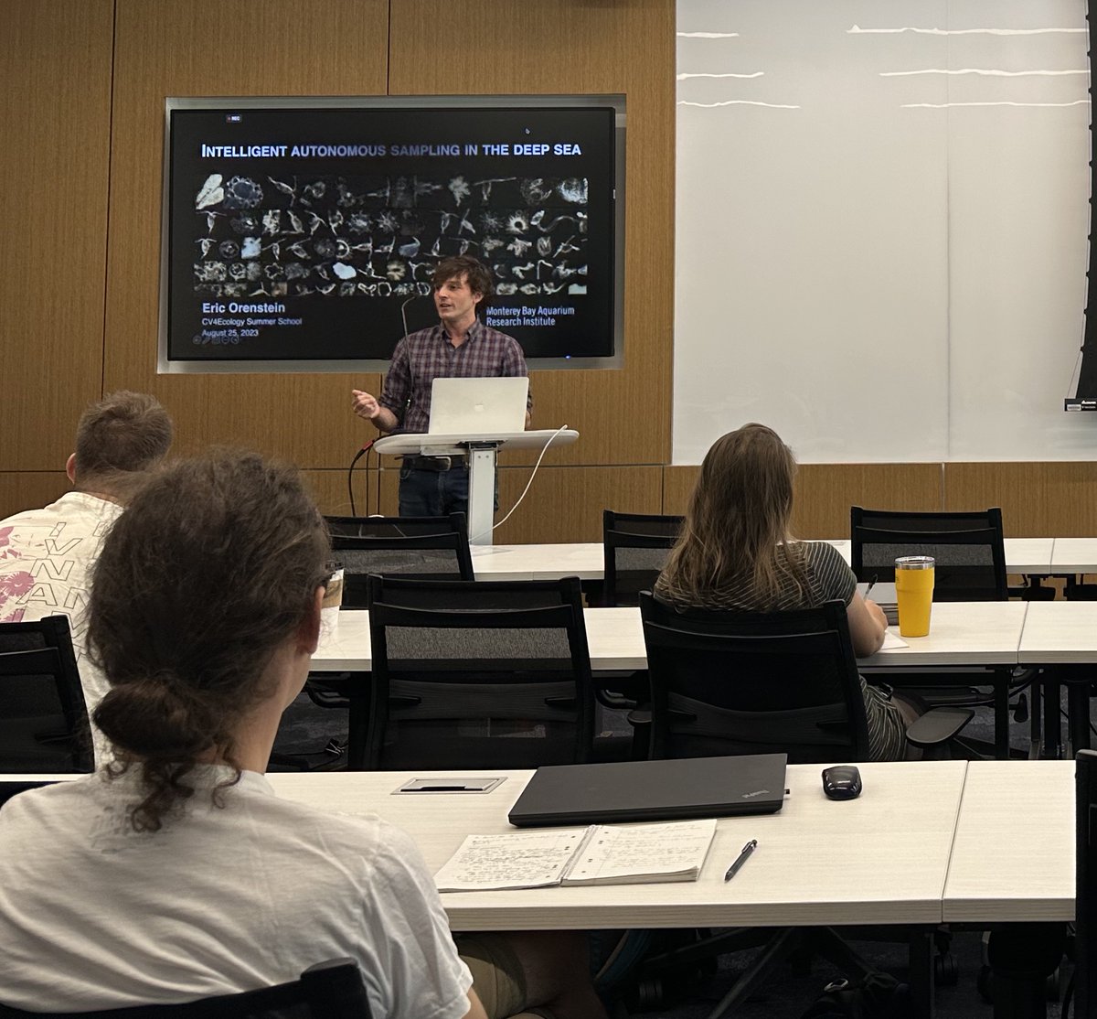 cv4ecology's tweet image. Today, Eric Orenstein from @FathomNet @MBARI chatted with our students about #ML opportunities that ocean sampling 🌊 provides, both from the #UAV perspective as well as from the side of using #ComputerVision to categorize/localize critters in images 🐟🪼🪸