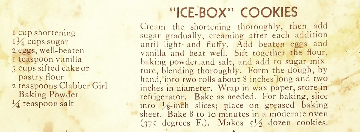Re2OldFOOD's tweet photo. Ice-Box or Refrigerator Cookies -- 1930s
Add some nuts, baking chips or dried fruit for variety.
#oldrecipe #dessert #comfortfood #cookies #1930srecipe #grandmafood #1930sfood #depressioneracooking
#iceboxcookies #refrigeratorcookies
#bakingpowder #shortening
#cakeflour https://t.co/NNbLfssYZ5