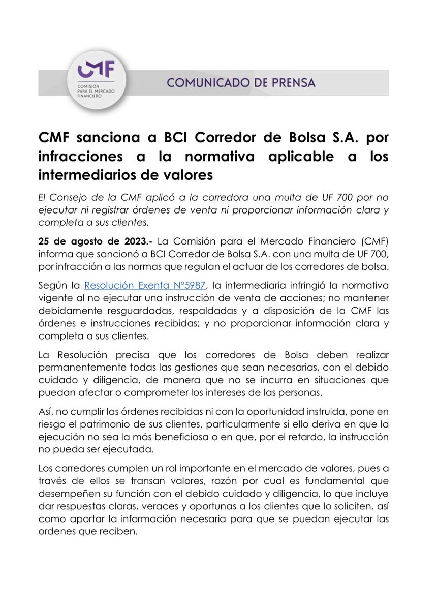 ⚡️ CMF sanciona a BCI Corredor de Bolsa por no entregar información clara y completa a sus clientes.