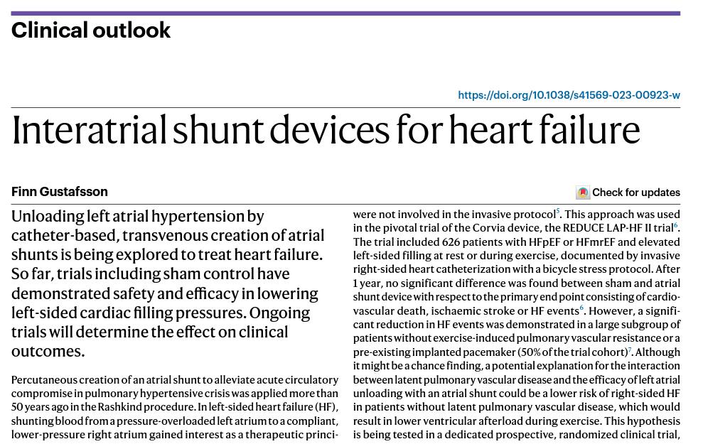 In a new Clinical Outlook article, <a href="/FinnGustafsson/">Finn Gustafsson</a> discusses the latest data and upcoming trials on interatrial shunt devices for #HeartFailure. Check it out here: rdcu.be/dkpn6