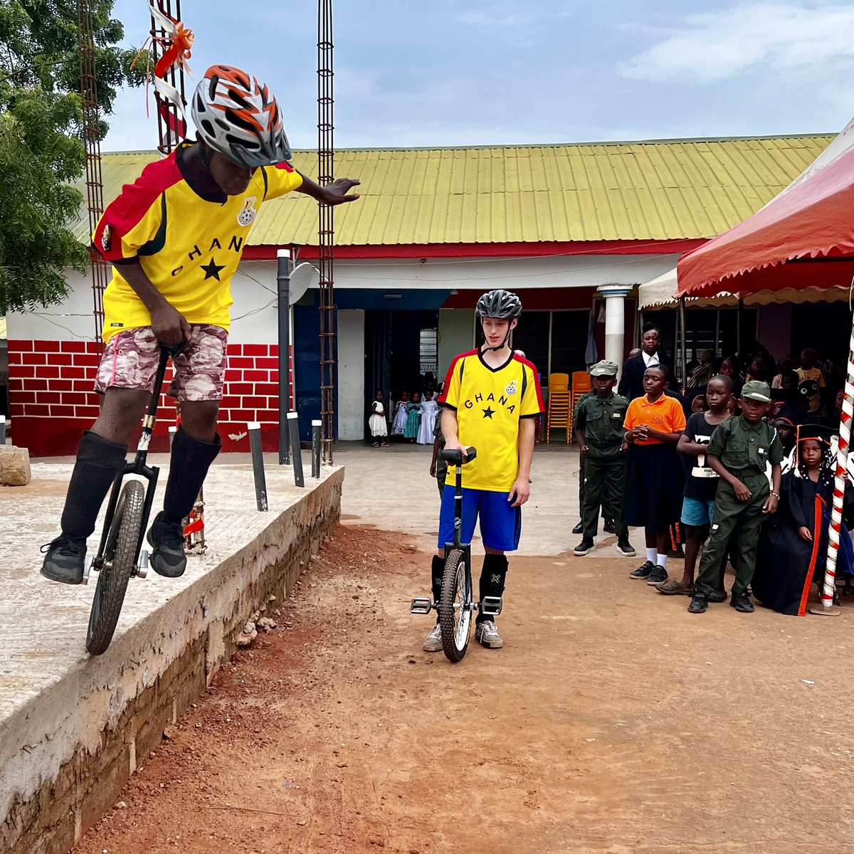 whaun's tweet photo. Today some of the Mamprugu Unicycle Club boys had their first public performance at the “Our Day” festivities of Sunesis Vine School in Nalerigu, Ghana 🇬🇭 I’m so proud of them and looking forward to the whole club coming out for next month’s Damba Festival! https://t.co/zxgiowT2uH
