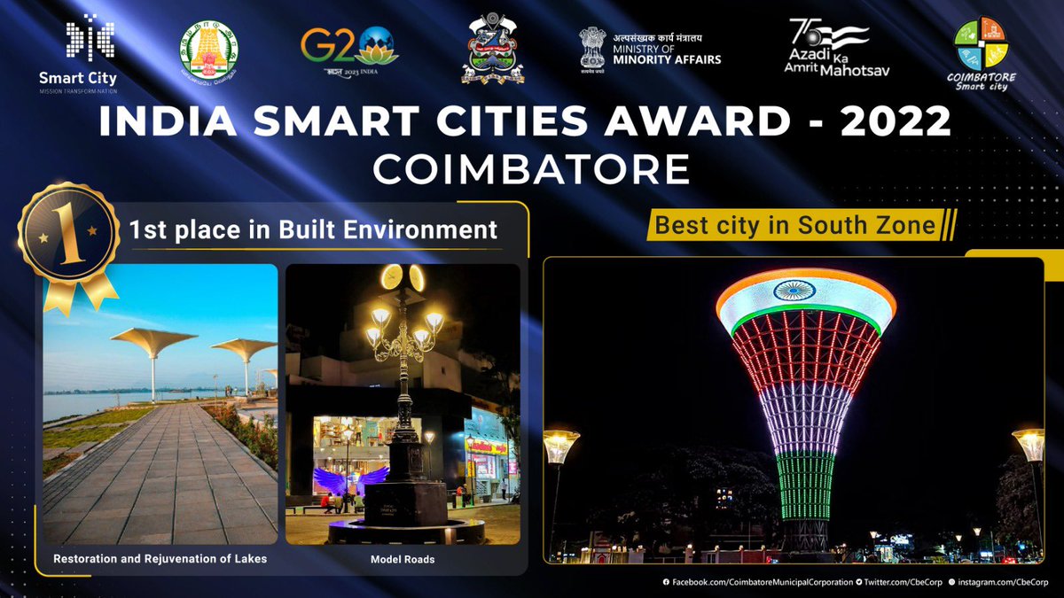 Big day for Team Coimbatore !! Bagged 2 national awards for Smart city !! @CbeCorp @tnmaws #Coimbatore @SmartCities_HUA @MoHUA_India