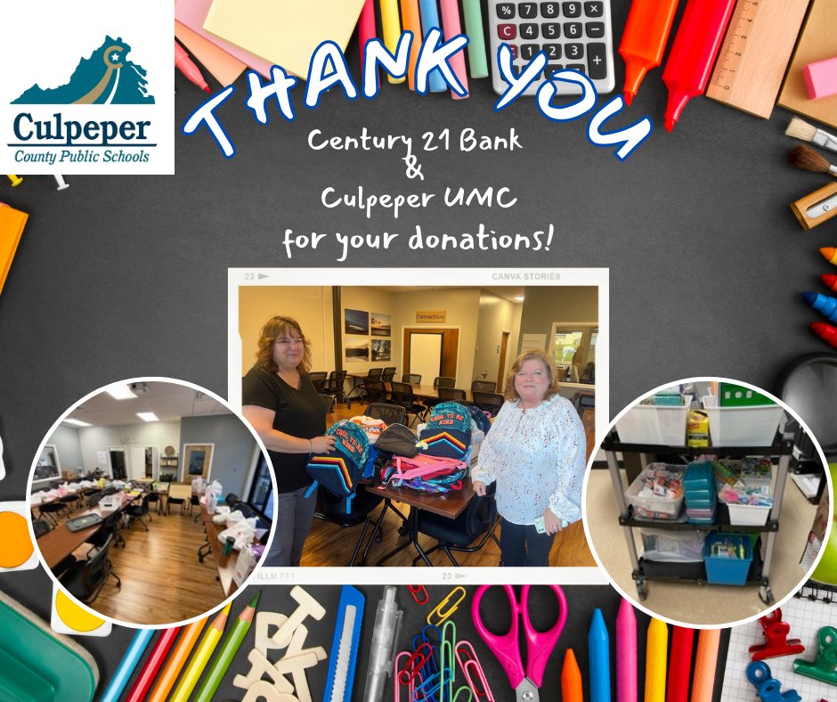 CCPS_FRC's tweet image. A huge shout out to Century 21 Bank and Culpeper UMC for their generous school supply donation for the 2023-2024 schools year! We appreciate you!