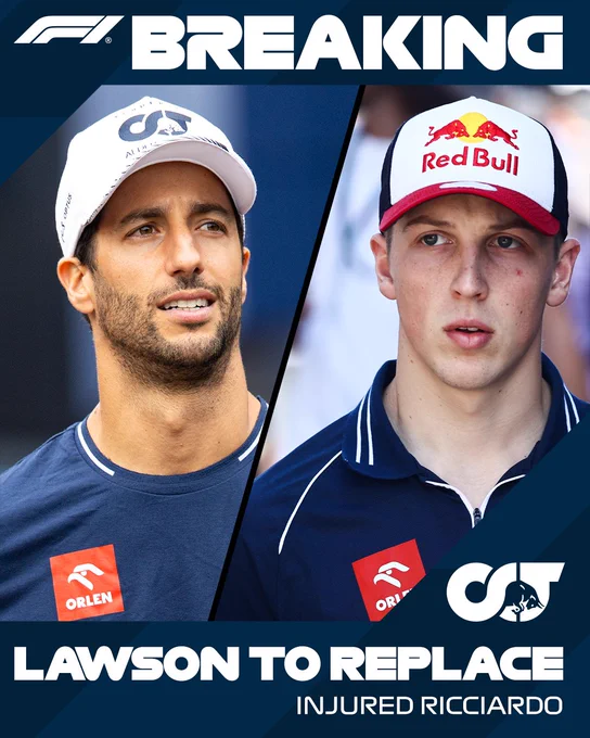 BREAKING: Daniel Ricciardo is out of the Dutch Grand Prix with a break in his hand after his FP2 incident, and will be will be replaced by Liam Lawson. 

Get well soon Daniel!