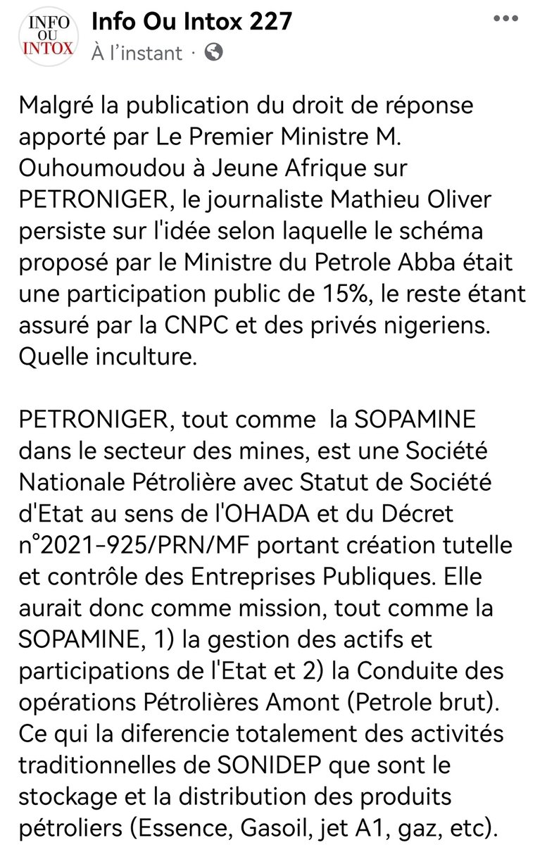 Infointox277's tweet photo. #Niger: Malgré la pub du droit de réponse apporté par Le Premier Ministre M. Ouhoumoudou à @jeune_afrique sur PETRONIGER, le journaliste @MathieuOlivier persiste sur l'idée selon laquelle le schéma proposé par le Ministre du Petrole Abba était une participation public de 15%,... https://t.co/pzMqXNlTQC