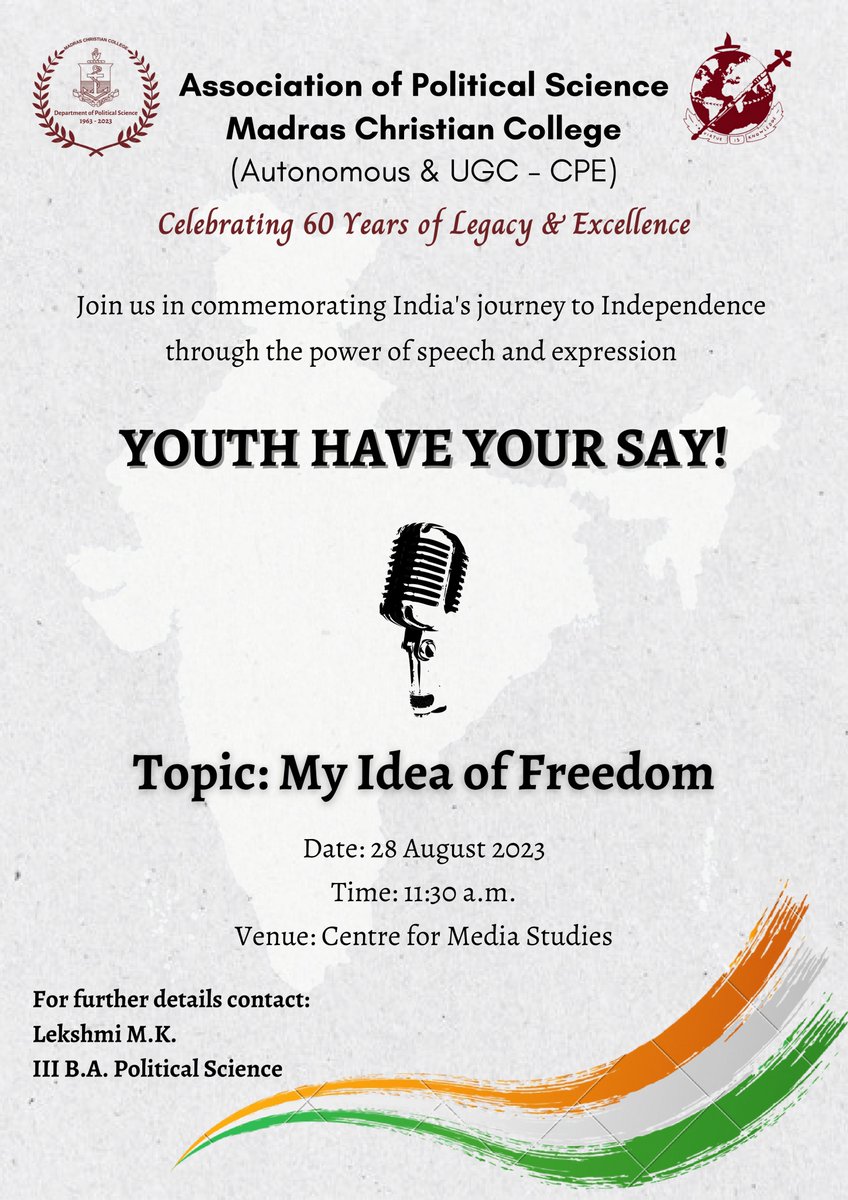 mccapolsc's tweet photo. All are welcome!!! 🇮🇳🎤🗣️

👩‍🎨 : @SreejaJS02

#youthhaveyoursay #myideaoffreedom #politicalscience #madraschristiancollege #associationofpoliticalscience https://t.co/CaCc4GL3FP