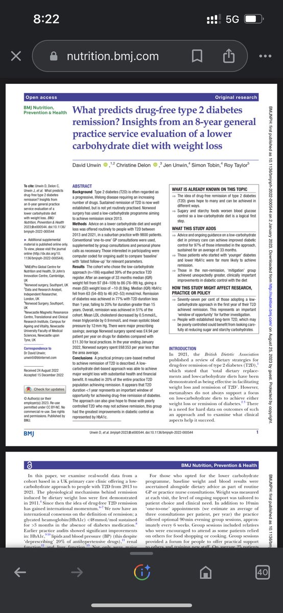 ALJUHANIDR's tweet photo. ✳️دراسة بريطانية جديدة ملاحظية لمدة ٨ سنوات 
🔶Low carbohydrate diet تقليل الكربوهيدرات (مثلا في منتجات القمح مثل الخبز-الرز-البطاطا-المعكرونه ..الخ) في عينة من ١٦٨ مريض مصاب بالنوع الثاني من السكري وتم متابعتهم لمدة ٨ سنوات

🔸يساعد على التحكم الجيد في السكري من النوع الثاني عن طريق انقاص الوزن تقريباً ١٠ كيلو 

🔸وهذا ساعد في ايقاف ادوية السكر remission في ٧٧٪ من المرضى الذين لديهم داء سكري مشخص اقل من سنة وايقاف ادوية السكر ايضاً في ٢٠٪  من المصابين اذا مدة الاصابة بالسكري أكثر من ١٥ سنة

🔸تم ايقاف ادوية السكر في ٥٠٪ من المرضى 
وتحسين مستوى السكر في ٤٥٪ من المرض 

✅خفض الكربوهيدرات او السكريات مهم جداً في علاج السكري 

⭕️ملاحظة /نحتاج دراسة اكبر واشمل لتعميم توصية ونتيجة هذه الدراسة  على مرضى السكر 

رابط الدراسة:
https://t.co/TgrUIeD54w

#السكري
#سكري_الان
#داء_السكري
#الكربوهيدات 
#النشويات