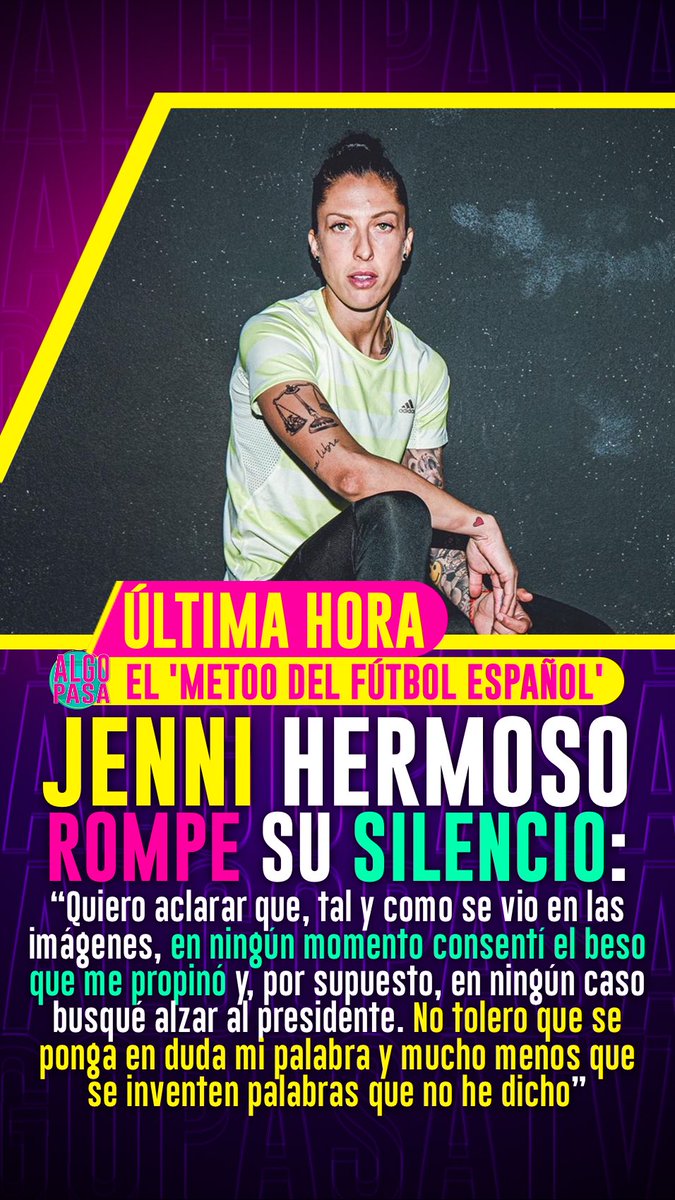 Pocopasatv's tweet image. 🔴 #ÚltimaHora @Jennihermoso rompe su silencio: “Quiero aclarar que, tal y como se vio en las imágenes, en ningún momento consentí el beso que me propinó. No tolero que se ponga en duda mi palabra y mucho menos que se inventen palabras que no he dicho” #Rubiales
