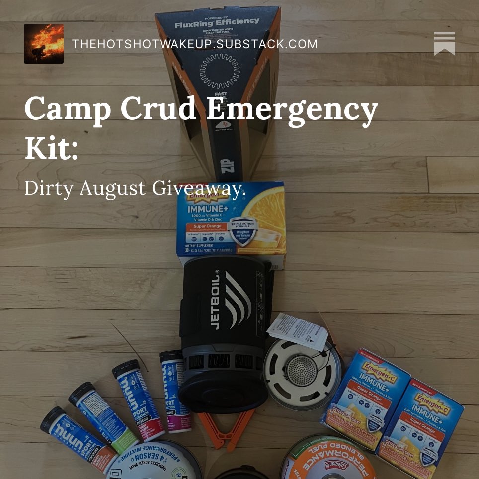 HotshotWake's tweet photo. Camp Crud Emergency Kit:
Dirty August Giveaway.
(LINK IN MY BIO)
￼#wildfire 
We are getting to the time of year when a hot drink in the morning goes a lot further than it did just a month ago, and hydrating and health really need attention. 

So, for this month’s giveaway, I’ve put together something that can help with all of that.

It includes a brand-new Jet Boil, two canisters of fuel, two pounds of local coffee, a month’s supply of Emergen-C, and a month’s supply of electrolyte Nuun tablets. The perfect kit heading into Snaptember.