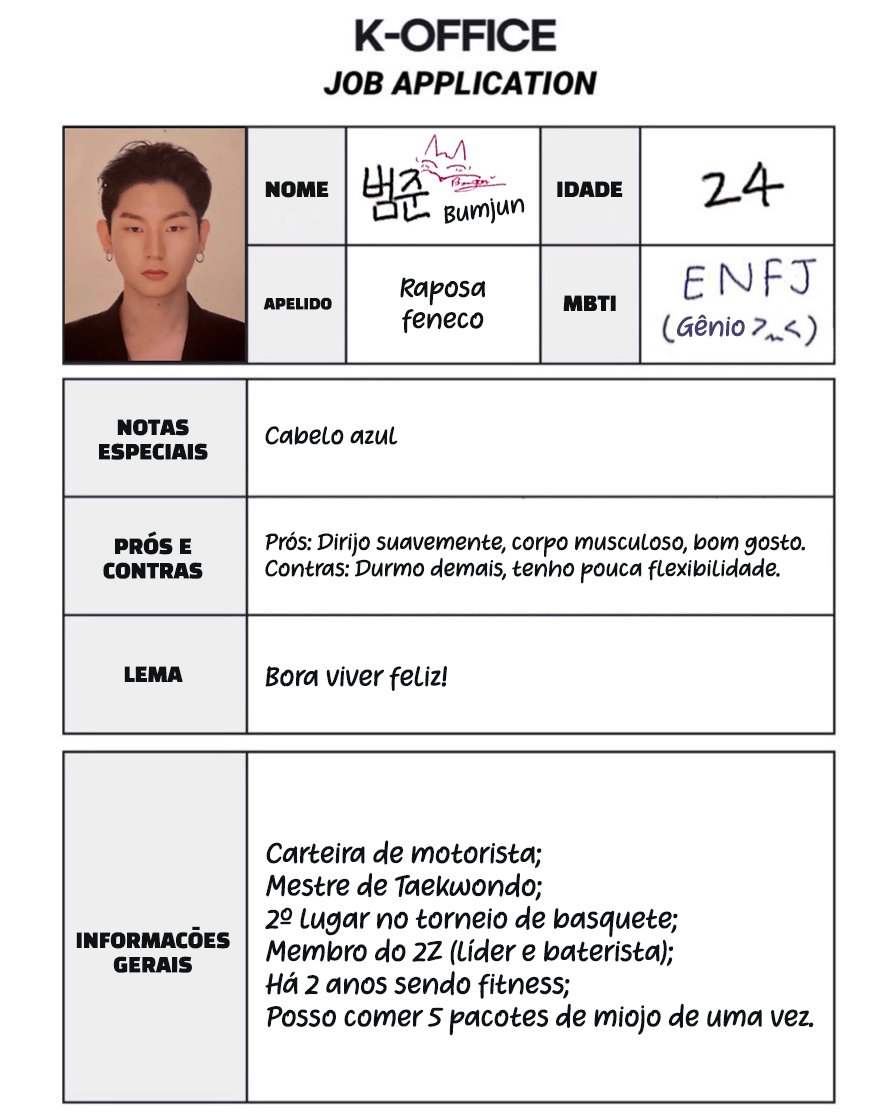 Portal2ZBrasil's tweet photo. [💼] Tradução do perfil de "Inscrição para seleção de emprego" do #BUMJUN (2Z) para o #KOFFICE - quadro especial do Showcase @K_Stage_Untact.

eng trad: @darling2z 
pt-br trad: @Portal2ZBrasil https://t.co/SGU9iw84W0
