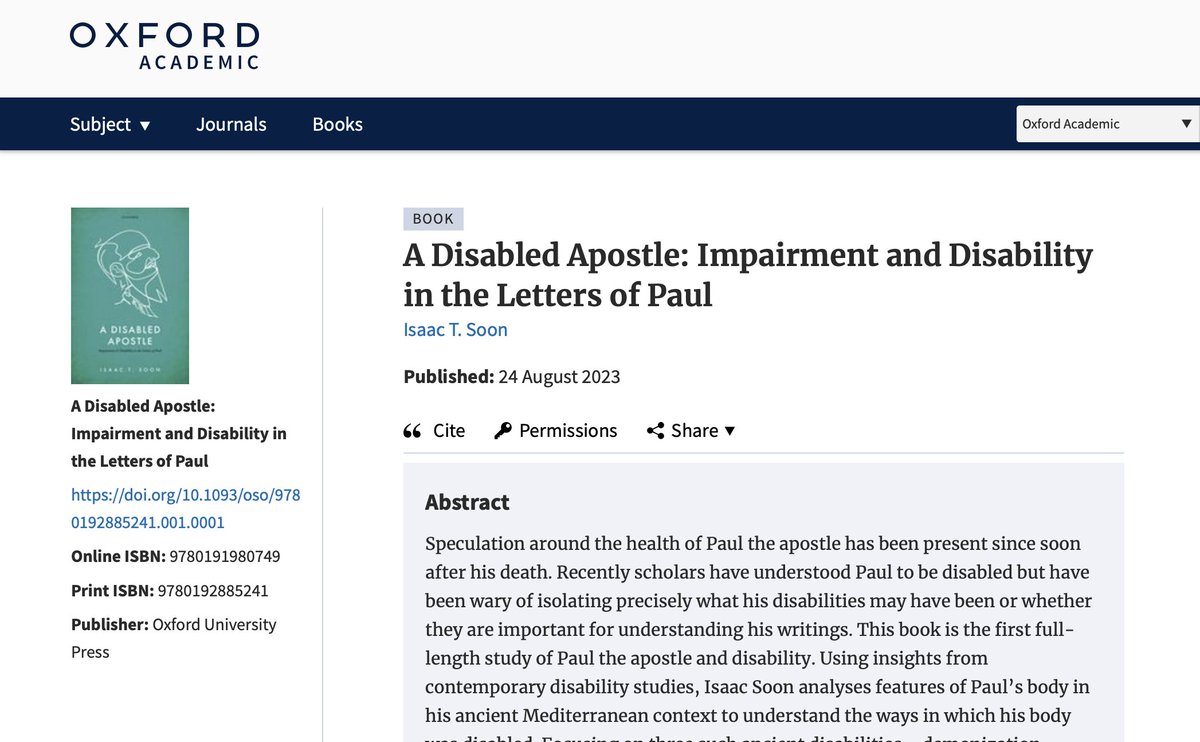 Isaac T. Soon, PhD (@isaacsoon2) on Twitter photo Happy to see that my book A Disabled Apostle with OUP (@OUPReligion <a href="/OUPAcademic/">Oxford Academic</a>) is now available digitally via Oxford Academic in anticipation of a print release next month. You can access it here! academic.oup.com/book/46798 Happy to see that my book A Disabled Apostle with OUP (@OUPReligion <a href="/OUPAcademic/">Oxford Academic</a>) is now available digitally via Oxford Academic in anticipation of a print release next month. You can access it here! academic.oup.com/book/46798